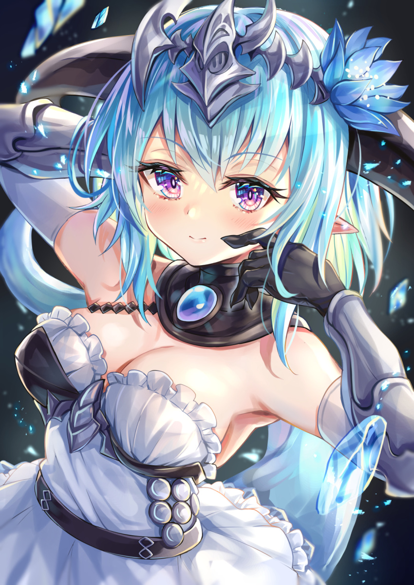 akami770 aqua_hair armpits black_gloves blue_flower blush breasts cheek_poking chest_guard cleavage detached_collar dragon_girl dragon_horns dragon_tail dress female filene_(shadowverse) flower flower_ornament frilled_dress frills from_above gauntlets gem gloves hair_flower hair_ornament headpiece highres horns jewelry large_breasts looking_at_viewer pointy_ears poking purple_eyes shadowverse short_dress short_hair smile solo tail upper_body white_dress