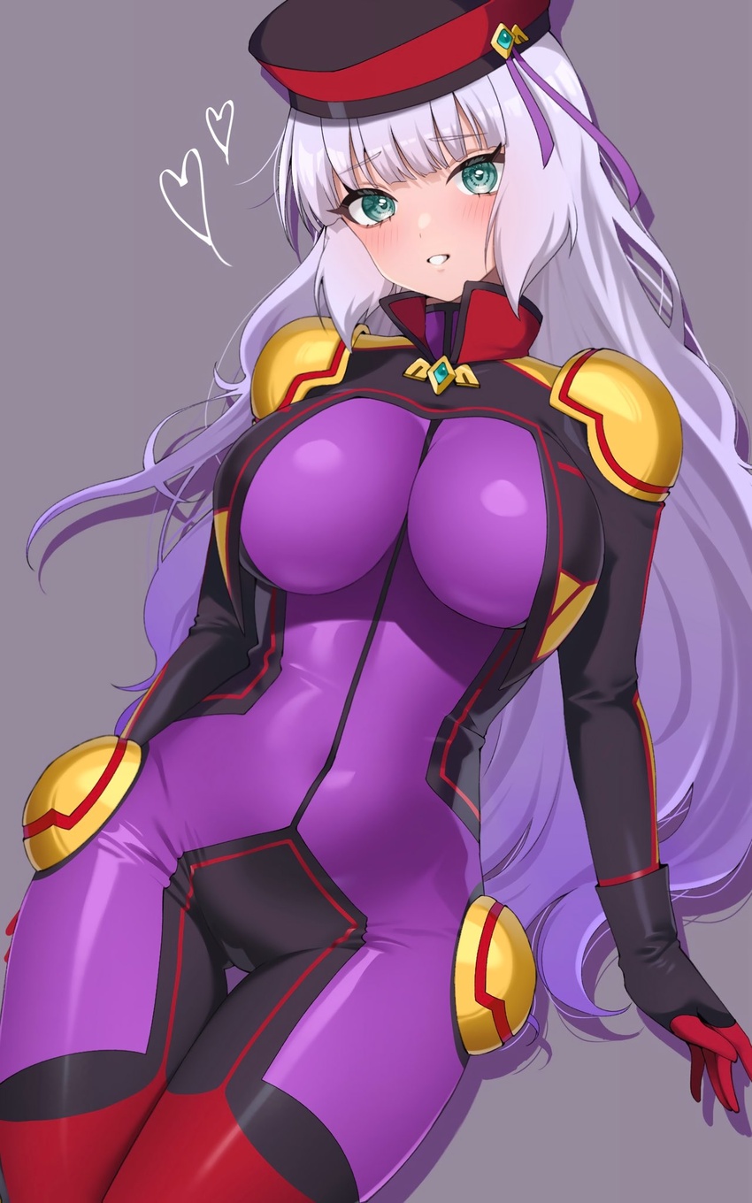 aqua_eyes beret blunt_bangs blush bodysuit breasts campbell_xx commentary female grey_hair gundam gundam_exa gundam_exa_vs hat highres large_breasts long_hair looking_at_viewer smile solo sthesia_awar_nono