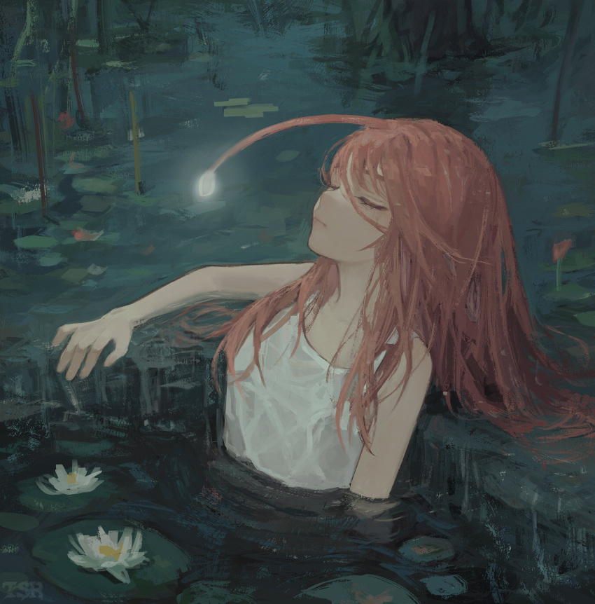 absurdres anglerfish anglerfish_girl check_copyright closed_eyes closed_mouth copyright_request female fish grass hair_between_eyes hand_on_ground highres illicium impressionism leaning_back leaning_on_object lily_pad long_hair original partially_submerged personification red_hair shirt sleeveless sleeveless_shirt solo tsurami96 upper_body water water_lily_flower wet wet_clothes wet_hair wet_shirt white_shirt