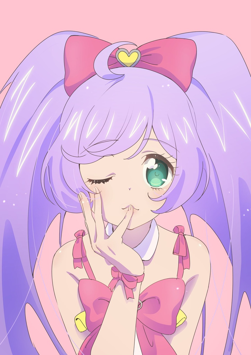 ahoge bare_shoulders bow closed_mouth detached_collar female finger_to_mouth green_eyes hairbow hand_on_own_face hand_up highres hokahoka_yudoufu long_hair looking_at_viewer manaka_laala one_eye_closed pink_background pink_bow pretty_series pripara purple_hair solo twintails upper_body very_long_hair wrist_bow