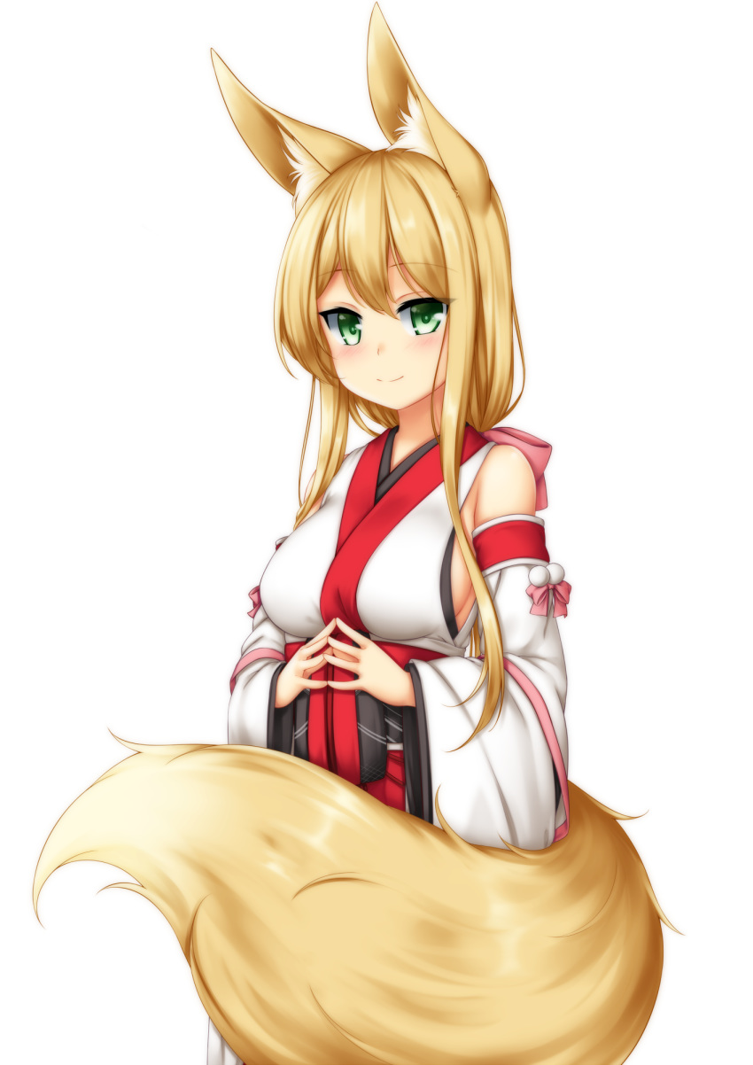 animal_ear_fluff animal_ears bare_shoulders blonde_hair blush bow closed_mouth commentary_request detached_sleeves female fluffy fox_ears fox_girl fox_tail green_eyes hair_between_eyes hairbow highres himeka_chiyako japanese_clothes kimono long_hair long_sleeves minaha_(playjoe2005) obi original pink_bow sash simple_background sleeveless sleeveless_kimono smile solo steepled_fingers tail white_background white_kimono white_sleeves wide_sleeves