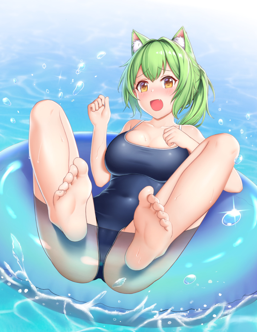 :d animal_ears bare_legs barefoot blush breasts cat_ears cementite commentary competition_school_swimsuit feet female foot_focus full_body green_hair highres innertube large_breasts oerba_yun_fang open_mouth original school_swimsuit smile soles solo spread_legs swim_ring swimsuit thighs toenails toes water yellow_eyes