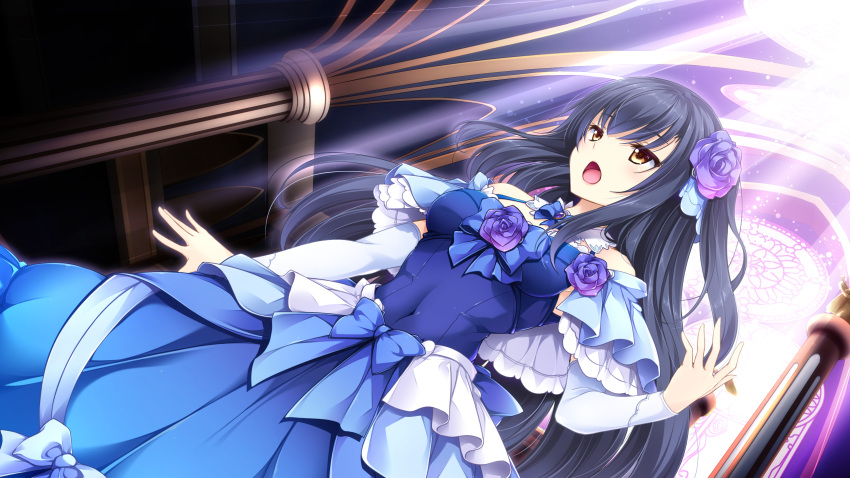 arch black_hair blue_capelet blue_dress capelet church detached_sleeves dress dutch_angle female floating_hair flower from_below game_cg hair_flower hair_ornament highres long_dress long_hair long_sleeves official_art open_mouth otome_ga_musubu_tsukiyo_no_kirameki purple_flower purple_rose rose shijou_ran solo standing very_long_hair white_sleeves yellow_eyes