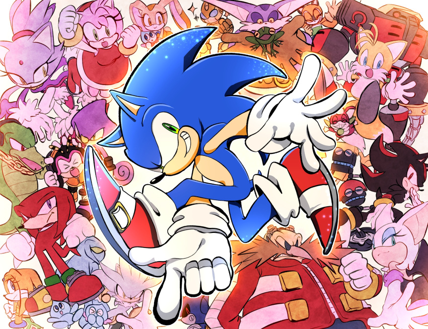 >_< 6+boys 6+girls :d amy_rose angry bat_wings big_the_cat blaze_the_cat blue_eyes bracelet chains chao_(sonic) chaos_(sonic) charmy_bee cheese_(sonic) chip_(sonic) cream_the_rabbit cubot dr._eggman dress e-123_omega emerl_(sonic) espio_the_chameleon everyone facial_hair finger_gun frog froggy_(sonic) furry furry_female furry_male gloves green_eyes grin highres jacket jewelry marine_the_raccoon metal_sonic moustache multiple_boys multiple_girls open_mouth orange_eyes orbot pose purple_dress purple_eyes red_dress red_eyes red_jacket robot rouge_the_bat serious shadow_the_hedgehog silver_the_hedgehog smile sonic_(series) sonic_adventure sonic_adventure_pose sonic_the_hedgehog sonic_unleashed tails_(sonic) tikal_the_echidna tondamanuke vector_the_crocodile white_gloves wings yellow_eyes