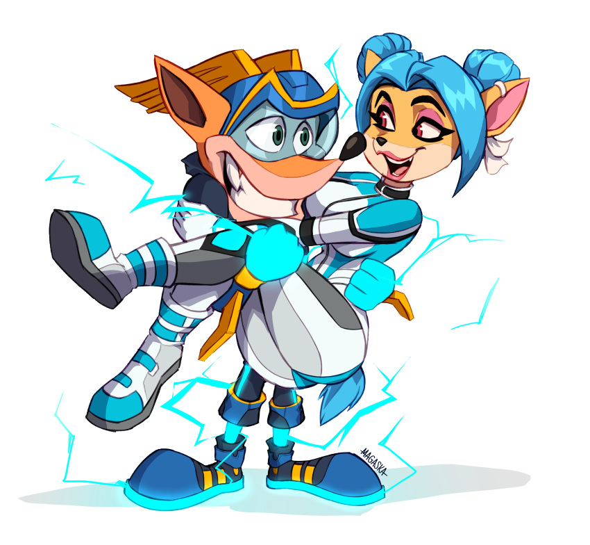 2022 absurd_res activision anthro armor artist_name ass bandicoot black_nose blue_hair bodysuit bottomwear breasts carrying_another clothing crash_(series) crash_bandicoot duo eye_contact female footwear gloves hair hair_bun handwear headgear helmet hi_res jacket lipstick looking_at_another magaska19 makeup male mammal marsupial megumi_bandicoot pants shoes short_hair simple_background skinsuit smile teeth tight_clothing topwear white_background