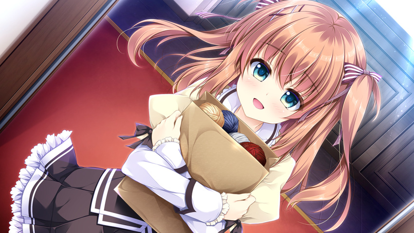 :d bag black_skirt blue_eyes bow brown_hair dutch_angle female floating_hair frilled_sleeves frills game_cg hair_between_eyes hairbow holding holding_bag indoors long_hair long_sleeves looking_at_viewer miniskirt official_art open_mouth otome_ga_musubu_tsukiyo_no_kirameki paper_bag pleated_skirt sakura_kokoro shirt skirt smile solo standing striped striped_bow twintails very_long_hair white_shirt