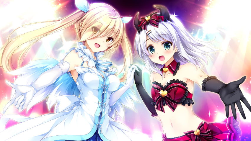 1boy :d black_gloves blonde_hair blue_eyes blue_ribbon bra breasts cleavage dress elbow_gloves female floating_hair frilled_bra frilled_gloves frills game_cg gloves hair_over_one_eye highres holding_hands interlocked_fingers long_hair looking_at_viewer medium_breasts midriff navel neck_ribbon one_eye_closed open_mouth otoko_no_ko otome_ga_musubu_tsukiyo_no_kirameki outstretched_hand red_bra ribbon shinomori_suzuka sleeveless sleeveless_dress small_breasts smile standing stomach strapless strapless_bra swept_bangs twintails underwear very_long_hair white_dress white_gloves white_hair yellow_eyes yuuki_touya