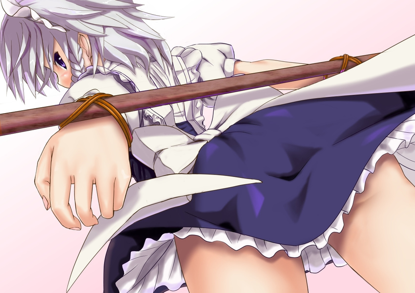 akadume blue_eyes braid commentary_request female grey_hair izayoi_sakuya maid maid_headdress separated_wrists short_hair solo touhou twin_braids