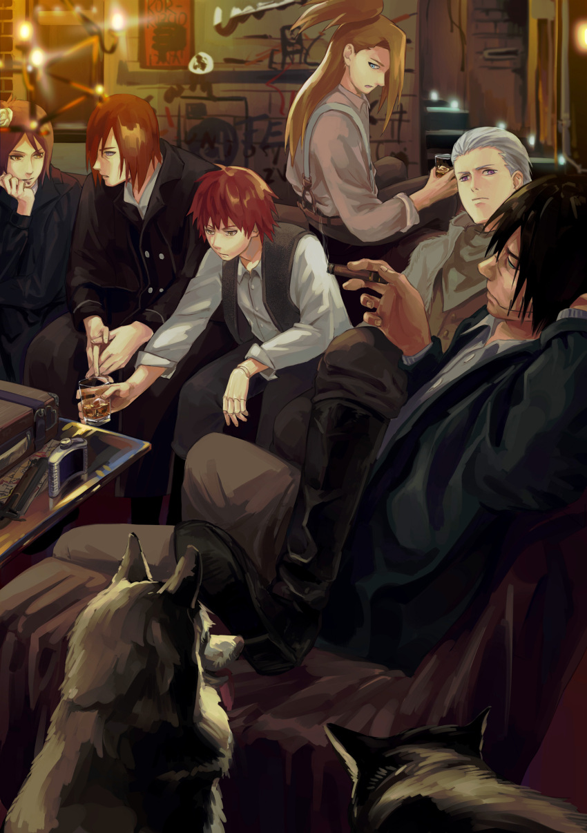 5boys absurdres alcohol black_hair black_jacket black_vest blonde_hair blue_eyes blue_flower canine cigar closed_eyes closed_mouth couch cup deidara_(naruto) drinking_glass female flower formal grey_jacket hair_flower hair_ornament hand_on_own_chin hidan_(naruto) highres holding holding_cigar holding_cup indoors jacket kakuzu_(naruto) konan_(naruto) long_hair long_sleeves looking_at_another mafia multiple_boys nagato_(naruto) naruto_(series) naruto_shippuuden polo_shirt ponytail purple_eyes purple_hair red_eyes red_hair rinnegan sasori_(naruto) shirt short_hair shot_glass sitting smoking table vest whiskey white_hair white_shirt yi_(199702090505)