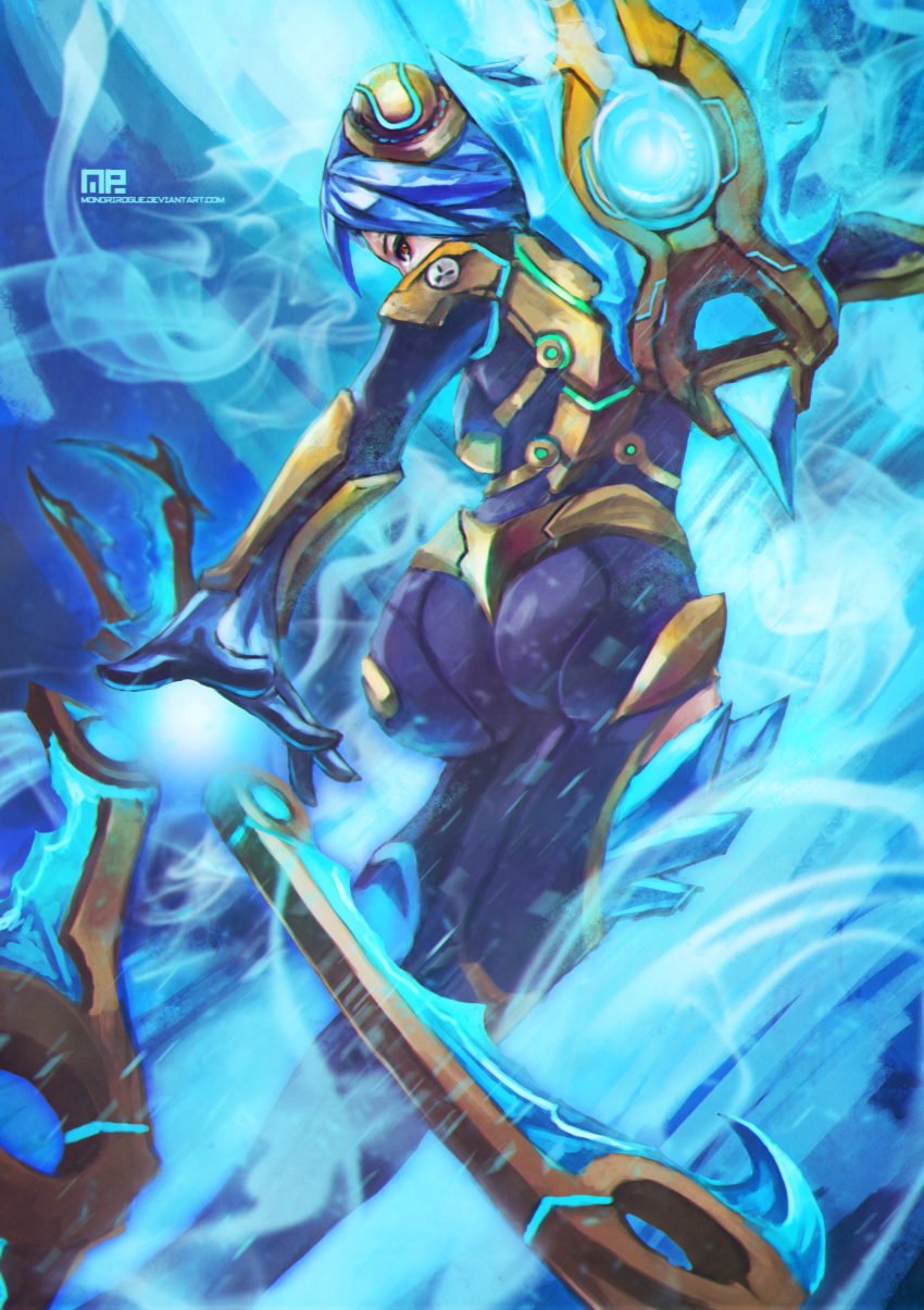 absurdres ass blade blue_hair bodysuit commentary female from_behind frostblade_irelia gloves highres ice irelia league_of_legends looking_at_viewer looking_back monori_rogue photoshop_(medium) red_eyes short_hair signature solo thighs