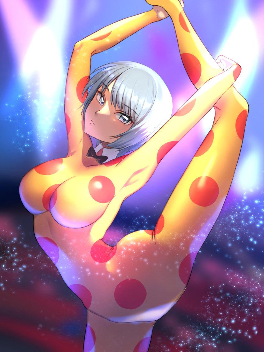 absurdres black_bow black_bowtie blurry blurry_background bow bowtie breasts female highres karakuri_circus large_breasts leg_up leotard polka_dot shihoaitogi shirogane_(karakuri_circus) short_hair solo