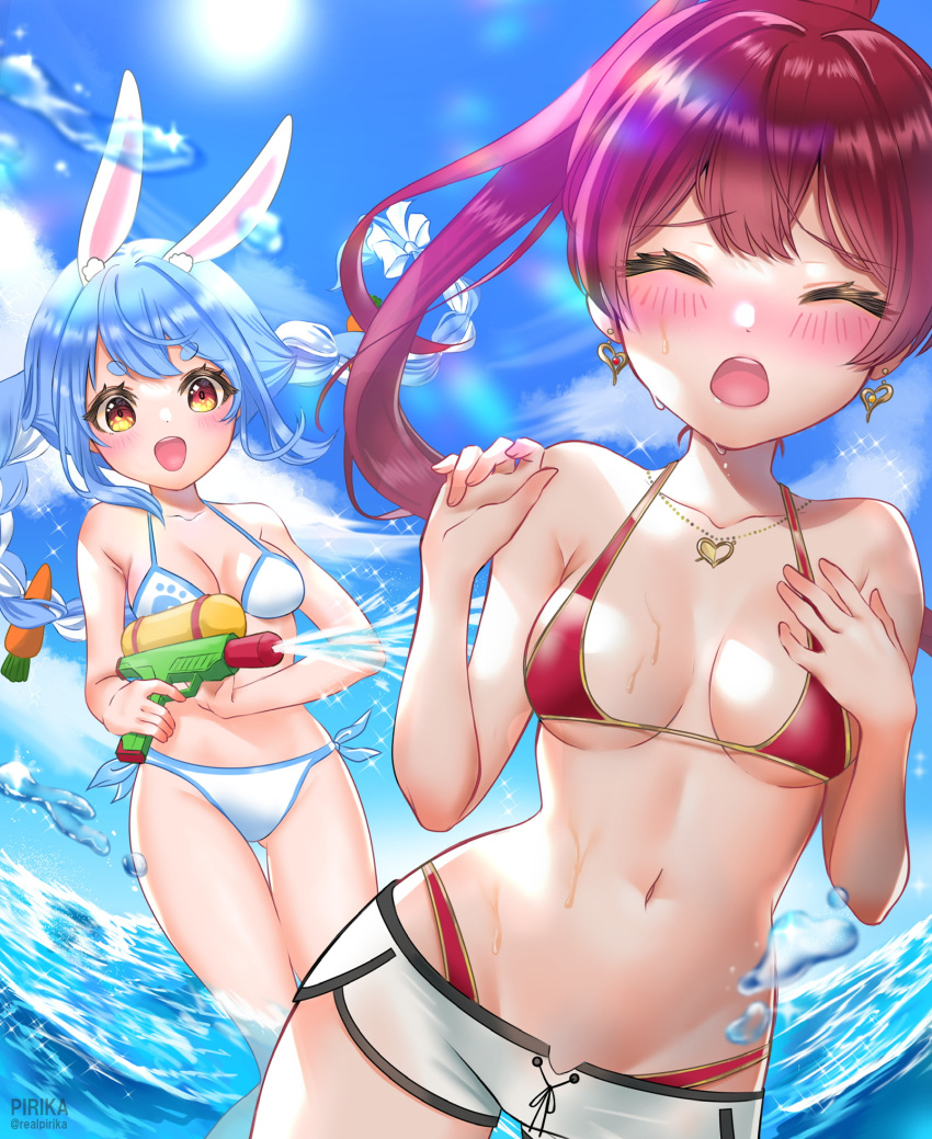 2girls animal_ears bikini blue_hair blue_sky blush breasts carrot cleavage closed_eyes cloud cloudy_sky day earrings genjitsu_pirika heart heart_earrings heart_necklace highres hololive houshou_marine houshou_marine_(summer) jewelry medium_breasts multiple_girls navel necklace no_shirt ocean open_mouth outdoors rabbit_ears red_hair shorts side-tie_bikini_bottom sky sunlight swimsuit thighs usada_pekora virtual_youtuber water water_gun wet yellow_eyes