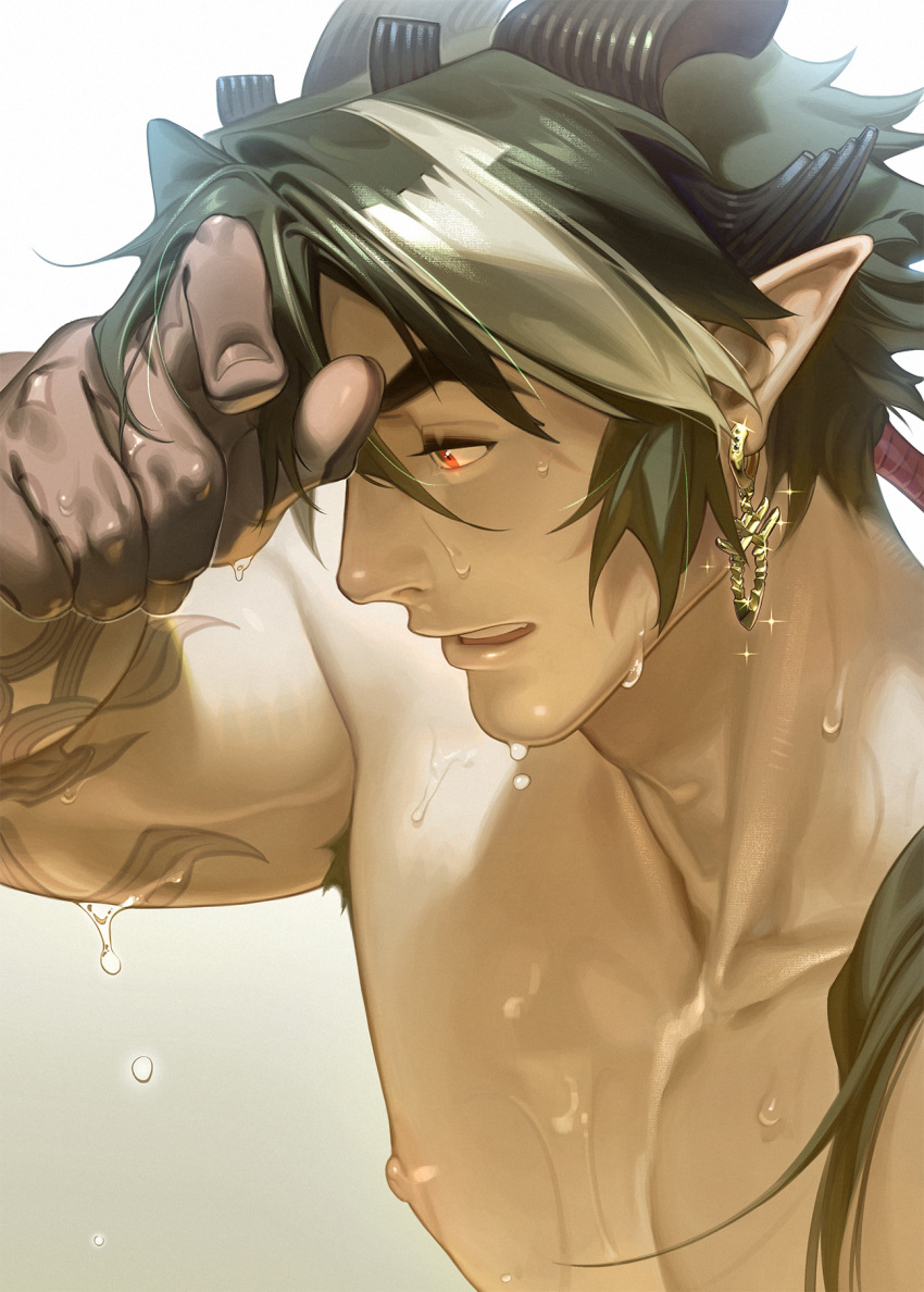 1boy arknights arm_tattoo armpit_hair bara chiizu_namasu chong_yue_(arknights) collarbone dragon_boy dragon_horns earrings english_commentary glint gradient_background hand_on_own_forehead highres horns jewelry looking_to_the_side male_focus multicolored_hair nipples nude pectorals pointy_ears profile red_eyes solo sparkling_aura tattoo toned toned_male upper_body variant_set wet