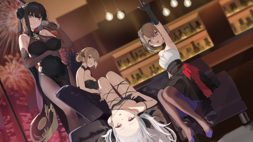 4girls absurdres aerial_fireworks alcohol arm_up armpits artist_request azur_lane bare_shoulders black_dress black_flower black_footwear black_gloves black_hair black_pantyhose blonde_hair breasts brown_hair chen_hai_(azur_lane) chen_hai_(vestibule_of_wonders)_(azur_lane) cleavage covered_navel crossed_bangs cup dress drinking_glass fireworks flower gloves hair_between_eyes hair_flower hair_ornament high_heels highres holding holding_cup indoors laffey_(azur_lane) laffey_(lazy_days)_(azur_lane) large_breasts lying multiple_girls official_art on_back pantyhose parted_lips pelvic_curtain prince_of_wales_(a_knight's_song_a_lady's_night)_(azur_lane) prince_of_wales_(azur_lane) purple_eyes red_eyes triangle_mouth white_hair wine wine_glass z23_(azur_lane) z23_(tanz_der_blumen)_(azur_lane)