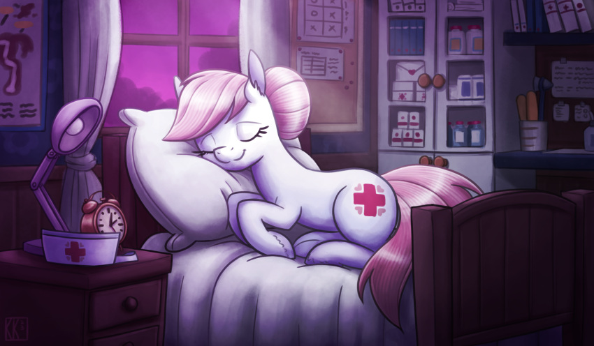 2023 bed clock cutie_mark earth_pony equid equine eyelashes female feral friendship_is_magic fur furniture glistening glistening_hair hair hasbro hi_res horse inside king-kakapo lamp mammal my_little_pony nurse_redheart pink_hair pony red_cross sleeping solo white_body white_fur window