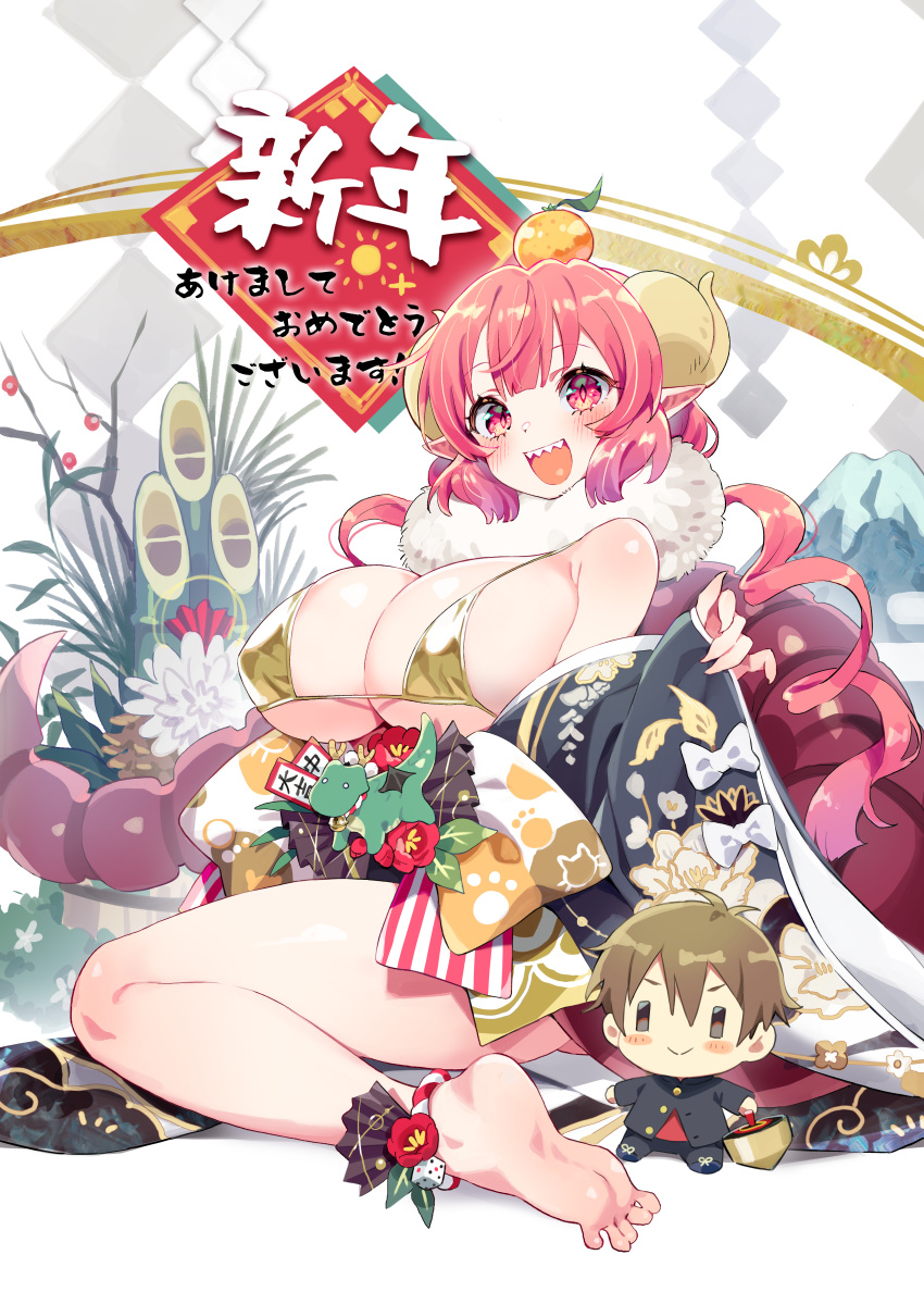 :d absurdres aida_taketo bare_shoulders barefoot bikini black_kimono blunt_bangs blush bow breasts character_doll chinese_zodiac dice dragon_girl dragon_horns dragon_tail feet female flower food food_on_head fruit fur_collar gold_bikini gradient_hair happy_new_year highres horns huge_breasts ilulu_(maidragon) japanese_clothes kimono kobayashi-san_chi_no_maidragon kunikune long_hair long_sleeves looking_at_viewer multicolored_hair object_on_head open_mouth pink_hair pointy_ears print_kimono red_flower sharp_teeth sitting slit_pupils smile soles solo string_bikini swimsuit tail teeth thighs underboob very_long_hair white_bow wide_sleeves year_of_the_dragon