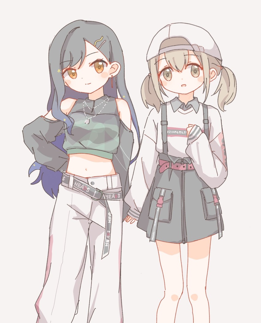 2girls azusawa_kohane backwards_hat baggy_clothes bare_shoulders baseball_cap belt black_sleeves blue_hair blush_stickers brown_eyes closed_mouth clothes_writing commentary crop_top dark_blue_hair earrings feet_out_of_frame grey_belt grey_shirt grey_skirt hair_ornament hairclip hat headwear_request highres jewelry light_brown_hair light_smile long_hair long_sleeves looking_at_viewer low_twintails medium_hair midriff multiple_girls navel necklace open_mouth orange_eyes pants print_sweater project_sekai puffy_long_sleeves puffy_sleeves red_belt shiraishi_an shirt simple_background skirt standing streetwear suspender_skirt suspenders sweater tareme tsuchiyoko_(hamu_prsk) twintails wavy_hair white_background white_hat white_pants white_sweater