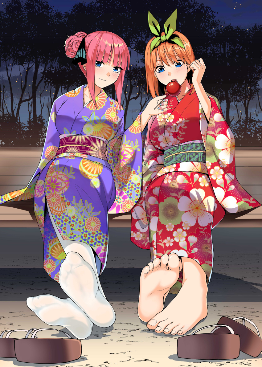 2girls absurdres adjusting_hair barefoot blue_eyes breasts butterfly_hair_ornament candy_apple collarbone commentary_request feeding feet floral_print floral_print_kimono food foot_focus full_body go-toubun_no_hanayome green_ribbons green_sash hair_bun hair_ornament hair_ribbon highres japanese_clothes kimono kosmos_beta large_breasts long_sleeves looking_at_viewer medium_hair multiple_girls nakano_nino nakano_yotsuba night no_shoes obi okobo orange_hair outdoors paid_reward_available pink_hair print_kimono purple_kimono red_kimono red_sash ribbon sandals sash short_hair_with_long_locks sitting sky soles star_(sky) starry_sky thighhighs toenails toes unworn_sandals white_thighhighs wide_sleeves wooden_floor