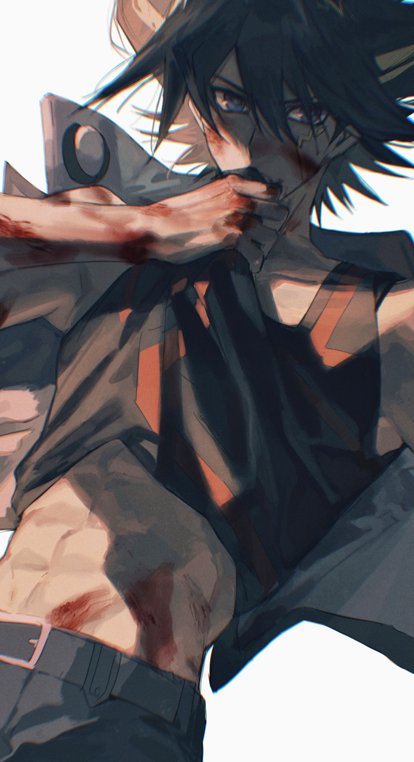 1boy abs belt black_belt black_hair black_pants black_tank_top blood blood_on_face blood_on_hands blue_eyes clothes_lift facial_mark facial_tattoo fudo_yusei hand_up high_collar highres jacket male_focus midriff_peek multicolored_hair naoki_(2rzmcaizerails6) open_clothes open_jacket pants serious short_hair simple_background solo spiked_hair streaked_hair tank_top tattoo unworn_jacket upper_body white_background yu-gi-oh! yu-gi-oh!_5d's