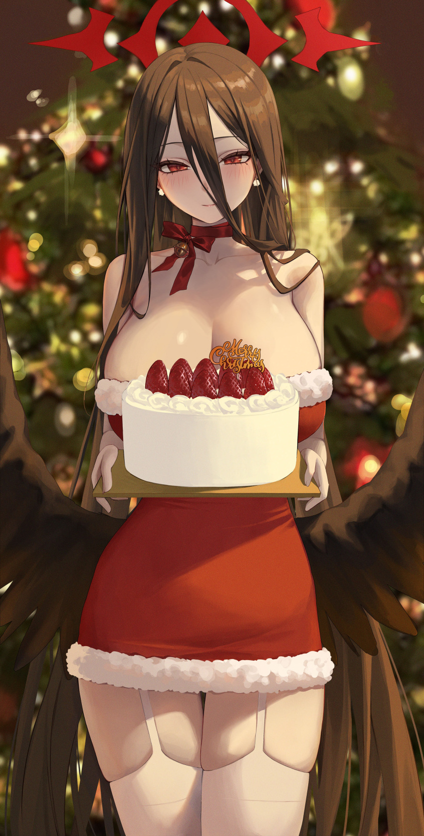 absurdres alternate_costume bare_shoulders bell black_hair black_wings blue_archive blurry blurry_background blush breasts cake christmas_tree cleavage collarbone dress earrings feathered_wings feathers female food fur-trimmed_dress fur_trim garter_straps hair_between_eyes halo hasumi_(blue_archive) highres holding holding_tray jewelry jingle_bell large_breasts long_bangs long_hair looking_at_viewer low_wings mohaka_(m_0haka) neck_ribbon pom_pom_(clothes) pom_pom_earrings red_dress red_eyes red_halo red_ribbon ribbon santa_costume short_dress skindentation solo straight_hair strapless strapless_dress strawberry_cake thighhighs tray tube_dress very_long_hair white_thighhighs wings zettai_ryouiki