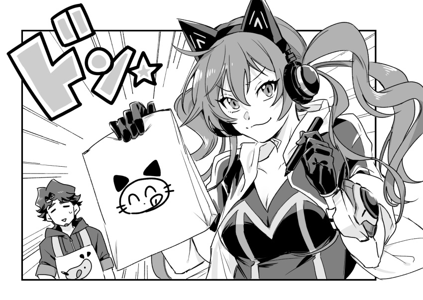 1boy animal_ear_headphones animal_ears apron bag breasts cat_ear_headphones cleavage commentary_request duel_monster fake_animal_ears female gloves greyscale grin headphones highres holding holding_bag holding_marker hood hoodie i:p_masquerena kusanagi_shouichi long_hair marker medium_hair monochrome paper_bag short_sleeves smile sosamoto_(tvny2528) twintails yu-gi-oh! yu-gi-oh!_vrains