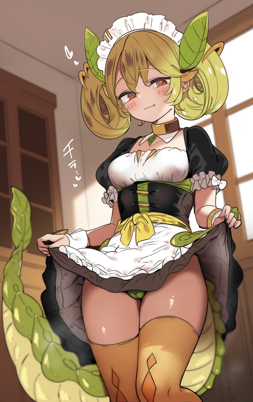 apron blush breasts chinese_zodiac clothes_lift commentary_request dragon_girl dragon_horns dragon_tail dress duel_monster female green_hair green_panties highres horns large_breasts long_hair looking_at_viewer maid maid_apron maid_headdress panties parlor_dragonmaid puffy_sleeves short_sleeves skirt skirt_lift solo suzuki_toto tail underwear year_of_the_dragon yellow_eyes yu-gi-oh!