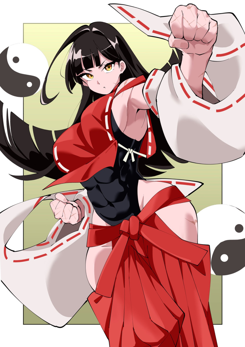 abs ahoge black_hair black_leotard breasts clenched_hands commentary_request covered_abs cowboy_shot detached_sleeves female fugaku_(miko_no_miyatsuguchi) hakama hakama_skirt highres hip_vent huge_ahoge japanese_clothes large_breasts leotard leotard_under_clothes long_hair looking_at_viewer m.u.g.e.n miko multiple_scars muscular muscular_female nontraditional_miko orb red_hakama red_skirt ribbon-trimmed_sleeves ribbon_trim scar scar_on_arm scar_on_face scar_on_hand scar_on_hip scar_on_shoulder sendai_hakurei_no_miko skirt solo touhou white_sleeves wide_sleeves yin_yang yin_yang_orb