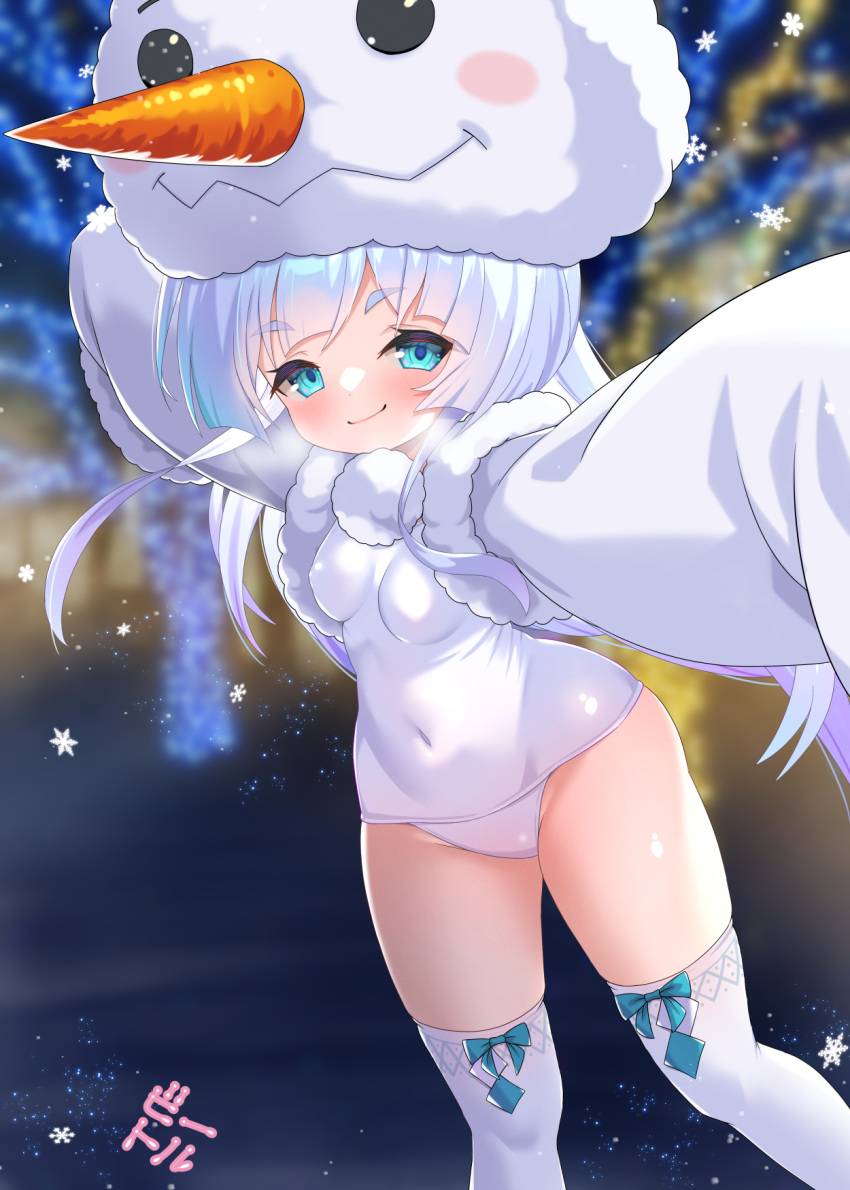 bettle_(b_s_a_n) blue_eyes breasts commentary_request commission covered_navel female flower_knight_girl hatsuyukisou_(flower_knight_girl) highres long_hair outdoors pom_pom_(clothes) skeb_commission small_breasts smile snowflakes snowman_hat solo standing thighhighs very_long_sleeves white_hair white_thighhighs