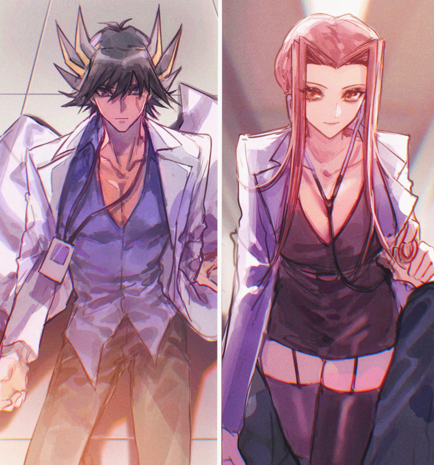 1boy absurdres belt between_legs black_dress black_hair black_pants black_thighhighs blue_eyes blue_shirt brown_eyes ceiling ceiling_light chinese_commentary coat collared_shirt commentary cowgirl_position doctor dress facial_mark facial_tattoo female fudo_yusei garter_straps highres holding holding_stethoscope id_card izayoi_aki lab_coat lanyard multicolored_hair naoki_(2rzmcaizerails6) on_floor on_ground open_clothes open_coat pants partially_unbuttoned pov purple_hair shirt short_hair short_hair_with_long_locks sitting smile spiked_hair split_screen stethoscope straight streaked_hair tattoo thighhighs tile_floor tiles yu-gi-oh! yu-gi-oh!_5d's