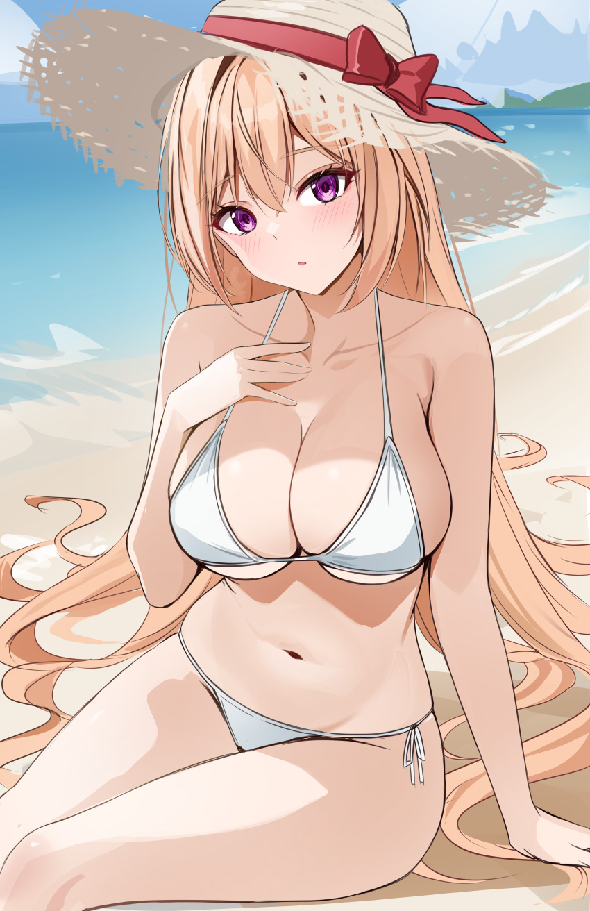 :o absurdres bare_arms bare_shoulders beach bikini black_survival blonde_hair blush bow breasts cleavage closed_mouth collarbone costone day eternal_return:_black_survival eva_(black_survival) female halterneck hand_on_own_chest hat hat_bow highres large_breasts long_hair looking_at_viewer navel ocean on_ground outdoors parted_lips purple_eyes red_bow side-tie_bikini_bottom sitting solo straw_hat string_bikini sun_hat swimsuit very_long_hair water white_bikini yellow_hat