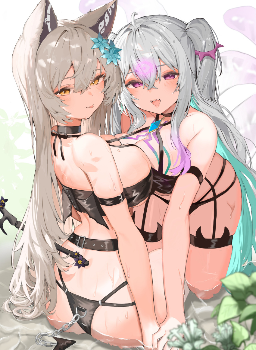 2girls :d :p absurdres all_fours animal_ears aqua_hair arm_strap ass bare_shoulders belt bikini black_bikini black_choker breast_press breasts brown_hair chains character_request choker cleavage closed_mouth colored_inner_hair commission euphemia_chevalier fake_tail grey_hair highres indie_virtual_youtuber large_breasts long_hair looking_at_viewer looking_back multicolored_hair multiple_girls oerba_yun_fang open_mouth orange_eyes purple_eyes second-party_source shallow_water sitting skeb_commission skindentation smile sorotu swimsuit symmetrical_docking tail thigh_strap tongue tongue_out two-tone_hair two_side_up very_long_hair virtual_youtuber water