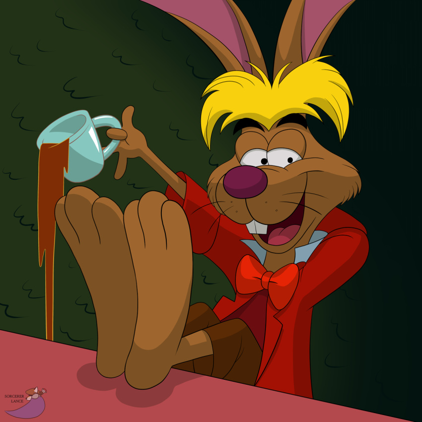 1:1 alice_in_wonderland_(1951) alice_in_wonderland_(disney) barefoot beverage disney feet hair hi_res lagomorph leporid male mammal march_hare_(disney) rabbit soles solo sorcererlance tea toes