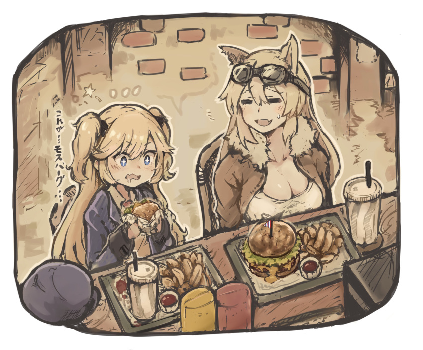 2girls absurdres animal_ears blazer blonde_hair blue_eyes blue_headwear blush breasts burger cleavage closed_eyes commentary cup drinking_straw food french_fries fur_collar fur_trim girls'_frontline goggles goggles_on_head hat highres holding indoors jacket ketchup kintsuba_(garapagosukkk) large_breasts long_hair long_sleeves m500_(girls'_frontline) multiple_girls oerba_yun_fang open_clothes open_jacket open_mouth saliva sitting skin_fang sparkle sparkling_eyes super-shorty_(girls'_frontline) sweat two_side_up unworn_hat unworn_headwear