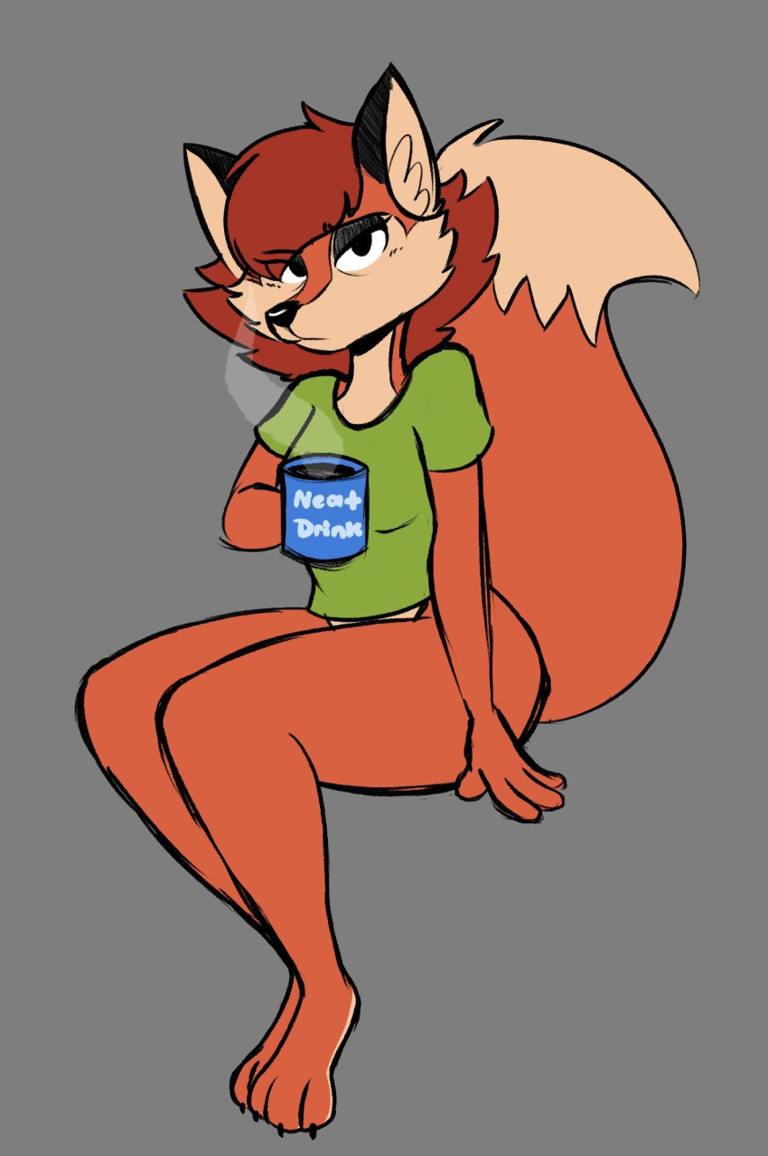 2019 3_toes anthro ass barefoot beverage big_legs bottomless canid canine claws clothed clothing coffee container cup feet female fox fur hi_res kabula_(artist) looking_at_viewer mammal paws red_fox shirt solo steam thick_thighs toes topwear true_fox