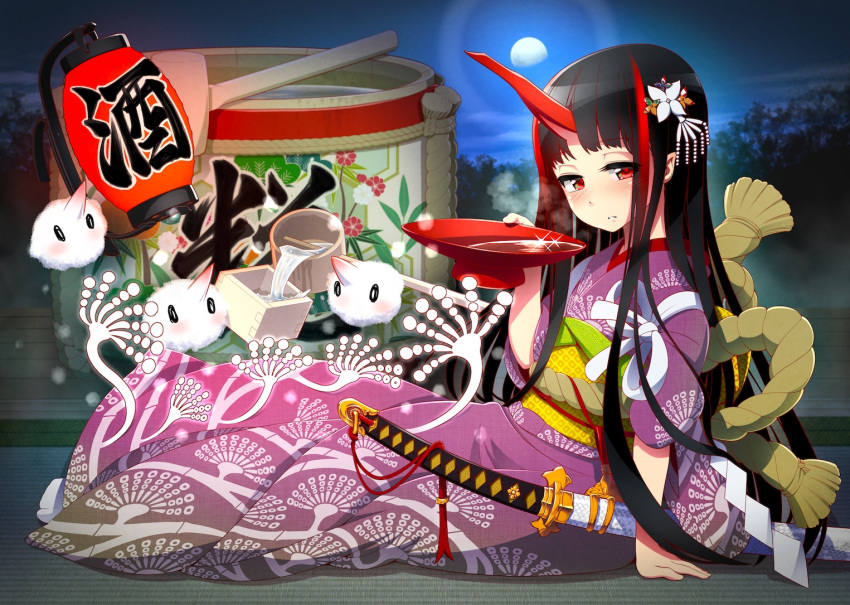 black_hair cell_(card_game) cup female horns japanese_clothes kimono lantern long_hair moon night oni_horns paper_lantern purple_kimono red_eyes rope sakazuki sitting solo sword tatami vat weapon zenzai_(zenzaio72)