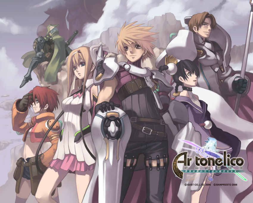 3boys 3girls ar_tonelico ar_tonelico_i aurica_nestmile blonde_hair blue_eyes everyone jack_hamilton krusche_elendia long_hair lyner_barsett misha_arsellec_lune multiple_boys multiple_girls nagi_ryou official_art official_wallpaper radolf_schnaizen thighhighs zettai_ryouiki