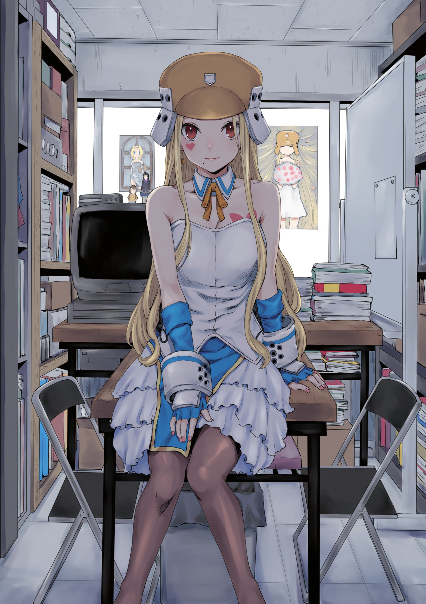 absurdres armor bare_shoulders blonde_hair book bookshelf brown_headwear bug butterfly butterfly_tattoo chair clubroom collarbone concrete cosplay crossover crt desk detached_collar dress female fingerless_gloves folding_chair g9_(jiiku) genshiken gloves hand_on_own_leg heart helmet highres indoors kujibiki_unbalance long_hair looking_at_viewer luis_cammy mole mole_under_mouth nail_polish neck_ribbon nijisanji otaku otaku_room pantyhose red_eyes ribbon ritsuko_kubel_kettenkrad ritsuko_kubel_kettenkrad_(cosplay) sitting sitting_on_table solo straight_hair tattoo virtual_youtuber white_dress whiteboard window yellow_ribbon