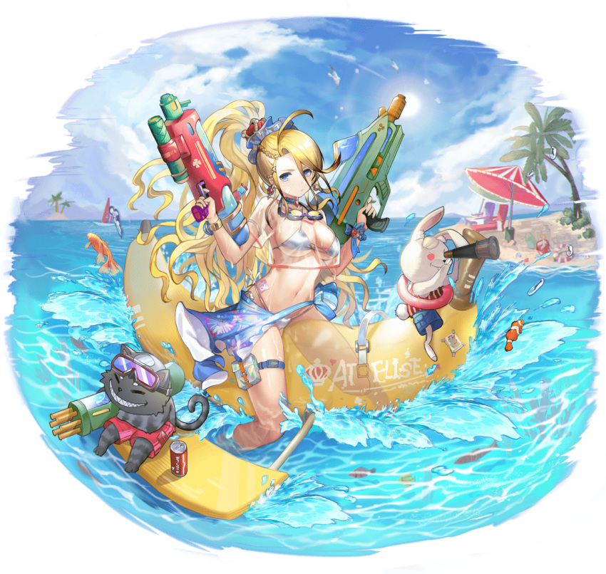 ahoge alice_(alice_in_wonderland) alice_(ark_order) alice_in_wonderland ark_order bandaid bandaid_on_face beach beach_umbrella bikini bird blonde_hair blue_choker blue_eyes blue_scrunchie braid can chair cheshire_cat_(alice_in_wonderland) choker cloud crown day earrings faux_figurine feline female fish goggles goggles_around_neck goggles_on_head hair_ornament hair_scrunchie heart heart-shaped_eyes high_ponytail inflatable_toy innertube jewelry lounge_chair male_swimwear marlin_(fish) mini_crown ocean official_alternate_costume official_art outdoors partially_submerged pink_shorts pppppan rabbit sand_castle sand_sculpture sarong scrunchie seagull see-through see-through_shirt shirt shorts sky solo summer sun swim_ring swim_trunks swimsuit t-shirt telescope thigh_strap transparent_background umbrella water water_gun white_bikini white_rabbit_(alice_in_wonderland) windsurfing