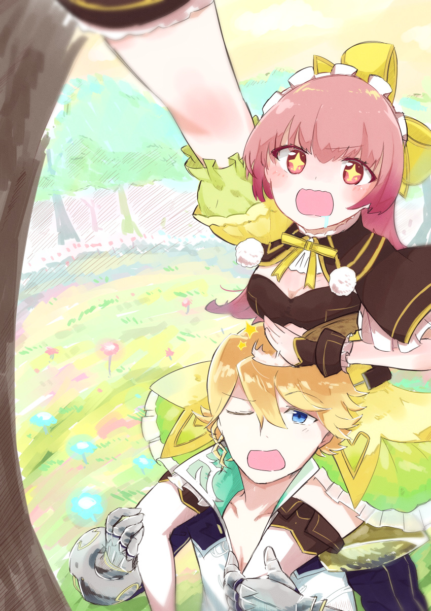 1boy absurdres atelier_(series) atelier_lydie_&_suelle blonde_hair blue_eyes blush bow bowtie breasts carrying_over_shoulder cleavage commentary_request female flower gloves graphite_(medium) grass hairband hakisouji highres long_hair mathias_ferrier_adalett one_eye_closed open_mouth pink_eyes pink_hair sparkling_eyes suelle_marlen traditional_media tree