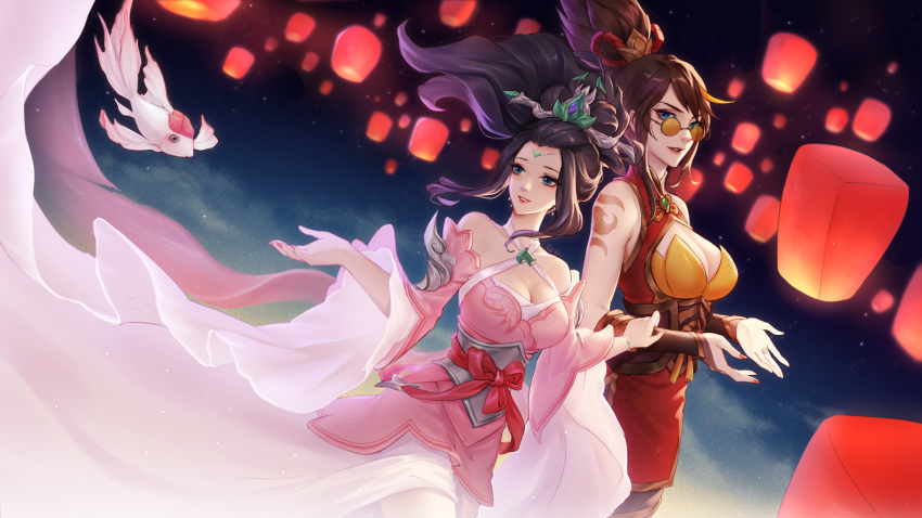 2girls alternate_costume bare_shoulders black_hair blue_eyes breasts brown_hair cleavage firecracker_vayne fish glasses highres janna_(league_of_legends) jewelry kezi koi lantern lantern_festival large_breasts league_of_legends long_hair looking_over_eyewear multiple_girls orange-tinted_eyewear paper_lantern ponytail sacred_sword_janna sky_lantern smile sunglasses tattoo tinted_eyewear vayne_(league_of_legends)