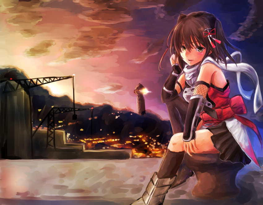 black_gloves black_neckerchief black_skirt brown_eyes brown_hair buttons commentary_request double-breasted elbow_gloves female fingerless_gloves full_body gauntlets gloves kantai_collection lighthouse mizuya_chiharu mountain neckerchief scarf school_uniform sendai_(kancolle) sendai_kai_ni_(kancolle) serafuku single_thighhigh sitting skirt sleeveless solo sunset thighhighs two_side_up white_scarf