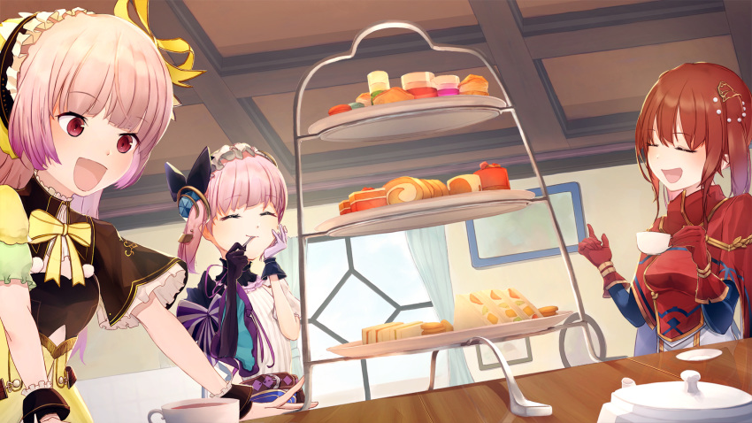 385oo 3girls atelier_(series) atelier_lydie_&_suelle belt bow bowtie capelet closed_eyes commentary_request cousins cup curtains eating food gloves hairband highres long_hair lucia_borthayre lydie_marlen multiple_girls open_mouth photoshop_(medium) pink_eyes pink_hair red_hair sandwich siblings side_ponytail sisters suelle_marlen sweets teacup twintails upper_body window