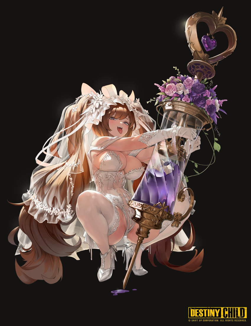 breasts bridal_veil brown_hair demeter_(destiny_child) destiny_child elbow_gloves female flower full_body gem gloves heart high_heels highres holding holding_syringe large_breasts large_syringe leotard logo long_hair looking_at_viewer official_art open_mouth oversized_object pink_flower pink_rose purple_flower purple_rose rose solo squatting syringe thighhighs tongue tongue_out twintails veil very_long_hair white_flower white_footwear white_gloves white_leotard white_rose white_thighhighs wonchun