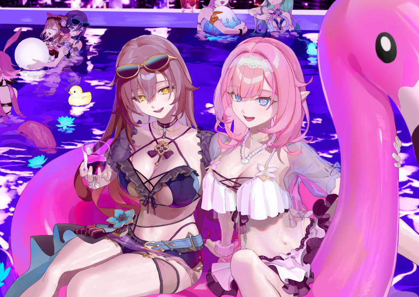 6+girls :d absurdres animal_ears ball beachball bikini black_bikini black_hair blue_eyes blue_hair breasts brown_hair cat_ears cat_girl cleavage closed_eyes closed_mouth cup drinking_glass eden_(honkai_impact) elf elysia_(honkai_impact) elysia_(miss_pink_elf)_(honkai_impact) eyewear_on_head fox_ears frilled_bikini frills fu_hua fu_hua_(shadow_knight) green_eyes hashtag-only_commentary headband highres holding holding_cup honkai_(series) honkai_impact_3rd innertube large_breasts looking_at_viewer mobius_(honkai_impact) multiple_girls official_alternate_costume open_mouth pardofelis_(honkai_impact) pink_hair pointy_ears pool poolside purple_eyes roena rubber_duck sakura_(honkai_impact) smile sunglasses swim_ring swimsuit vill-v water white_bikini wine_glass yae_sakura yae_sakura_(goushinnso_memento) yellow_eyes