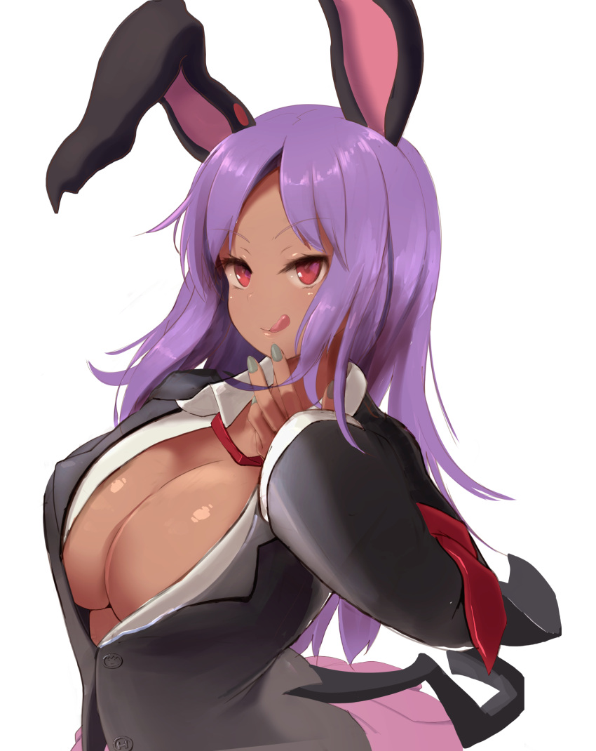 :q animal_ears black_hisui_(cookie) black_jacket blush breasts cleavage collared_shirt commentary_request cookie_(touhou) dark-skinned_female dark_skin female highres hisui_(cookie) jacket large_breasts long_hair looking_at_viewer necktie onakon_3-nichi-me open_clothes open_jacket open_shirt parted_bangs pink_skirt purple_hair rabbit_ears red_eyes red_necktie reisen_udongein_inaba shirt skirt smile solo tongue tongue_out touhou upper_body white_shirt