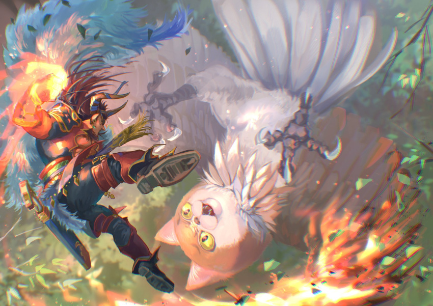 1boy action ao_tooooo531 draph fighting_stance granblue_fantasy highres horns long_hair male_focus owlcat post_guild_war_celebration reinhardtzar