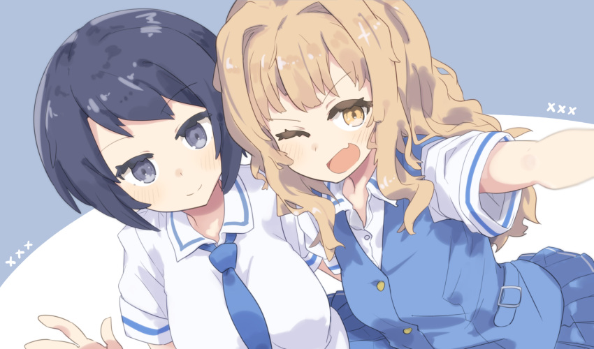 2girls blonde_hair blue_eyes blue_hair brown_eyes cross_channel highres multiple_girls necktie one_eye_closed sakura_kiri school_uniform short_hair skirt smile totomono vest yamanobe_miki