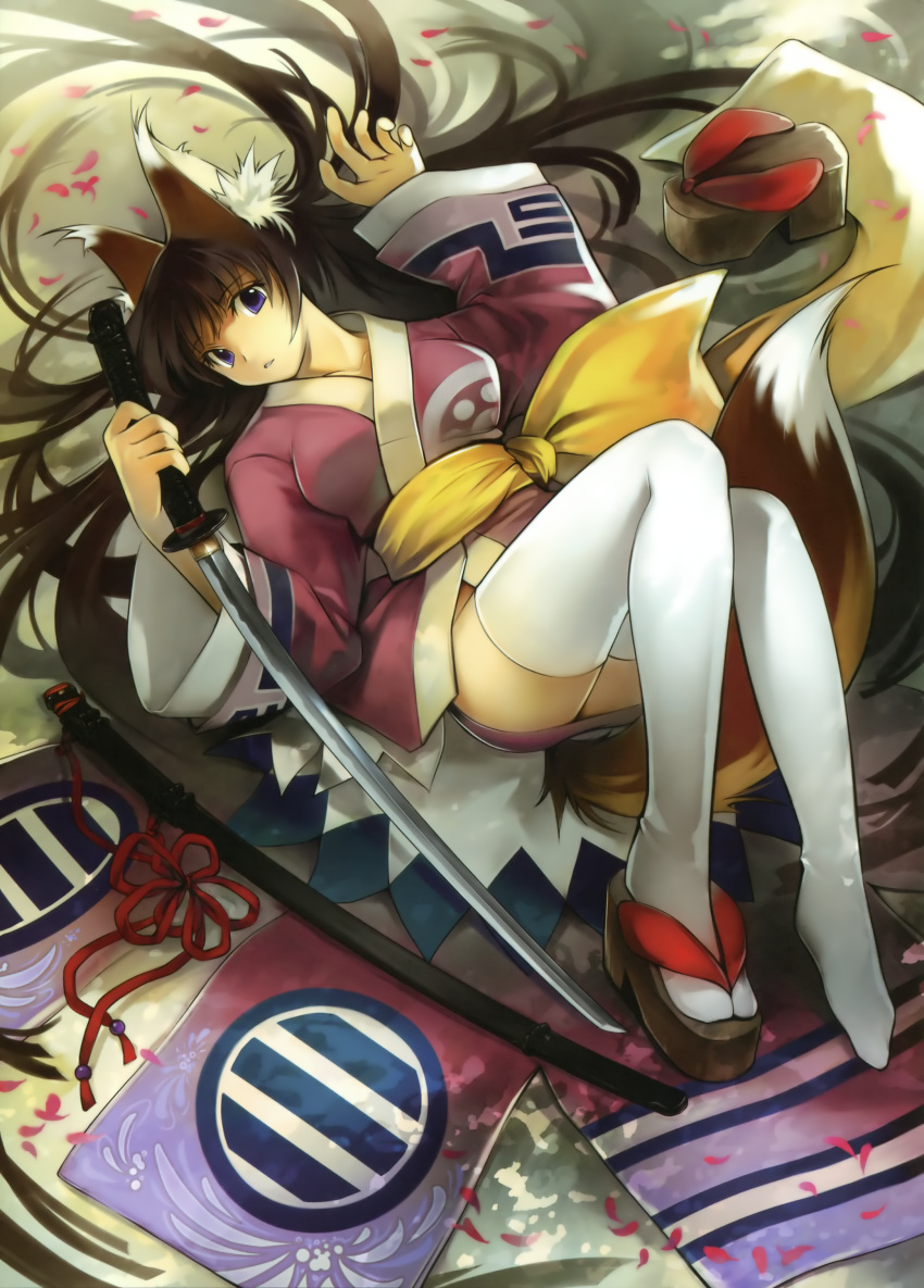 animal_ears kawasumi sword tail thigh-highs yukata