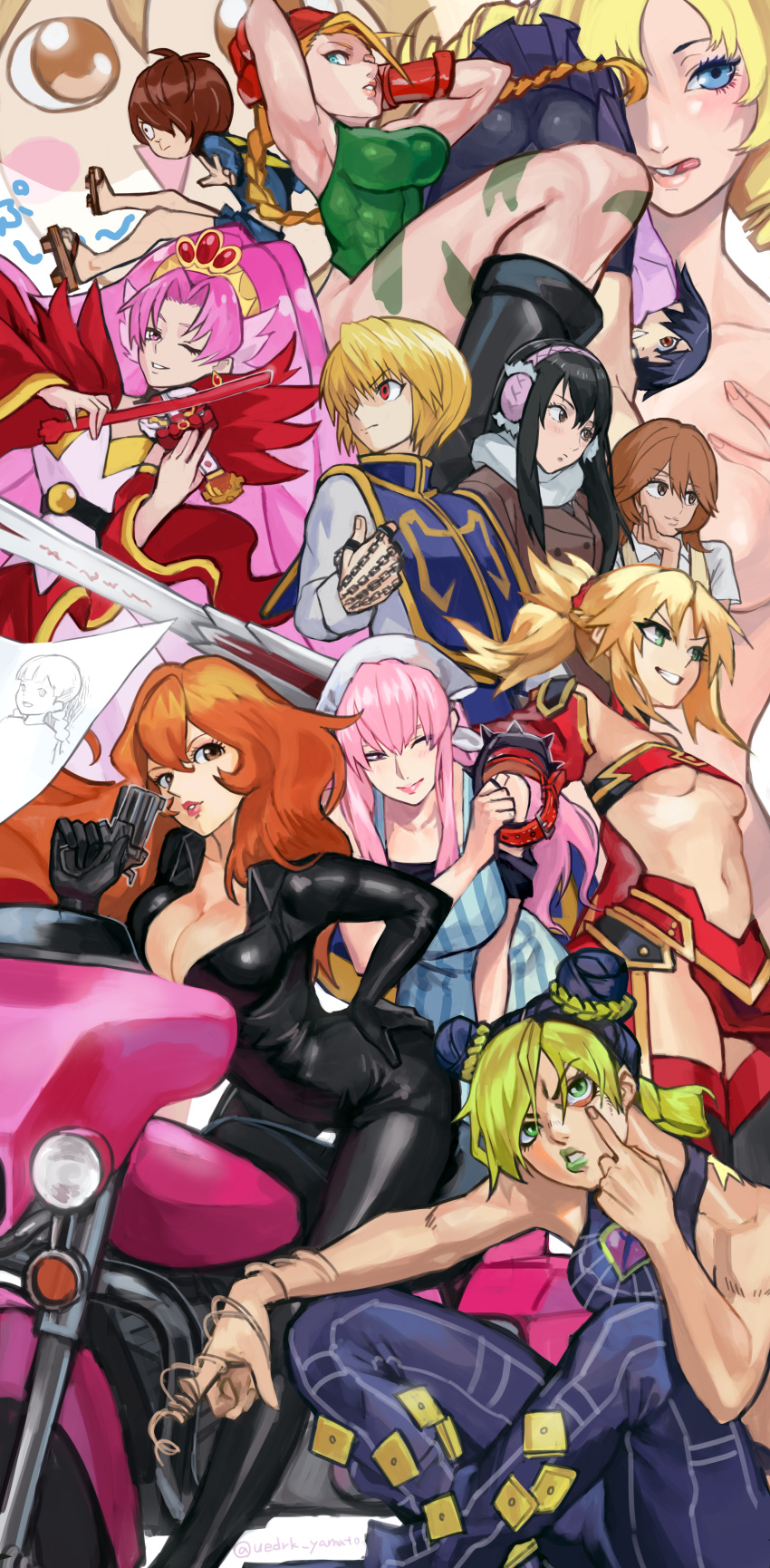 2boys 6+girls absurdres akagi_towa annotated arakawa_under_the_bridge bike_shorts cammy_white catherine catherine_(game) commentary crossover cure_scarlet fate/apocrypha fate_(series) gegege_no_kitarou go!_princess_precure highres hunter_x_hunter jojo_no_kimyou_na_bouken kanbaru_suruga kimi_ni_todoke kimishima_kana kiseijuu kitarou kujo_jolyne kurapika lupin_iii maria_(arakawa) mine_fujiko monogatari_(series) mordred_(fate) mordred_(fate/apocrypha) motor_vehicle motorcycle multiple_boys multiple_crossover multiple_girls murasaki_wakako natsuzora precure sawashiro_miyuki school_uniform sitting squatting stone_ocean street_fighter sword uedrk_yamato voice_actor_connection wakako-zake weapon yano_ayane