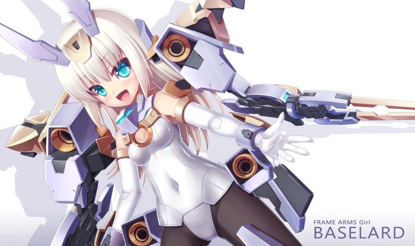 aqua_eyes baselard blonde_hair blush covered_navel elbow_gloves female frame_arms_girl gloves highres long_hair looking_at_viewer mecha_musume open_mouth outstretched_arm pantyhose playboy_bunny smile solo yosugara_shou